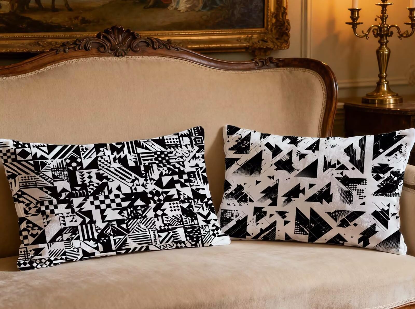 Coussin 60x80 cm en velours noir et blanc géométrique (lot de 2) - Taie d'oreiller maison