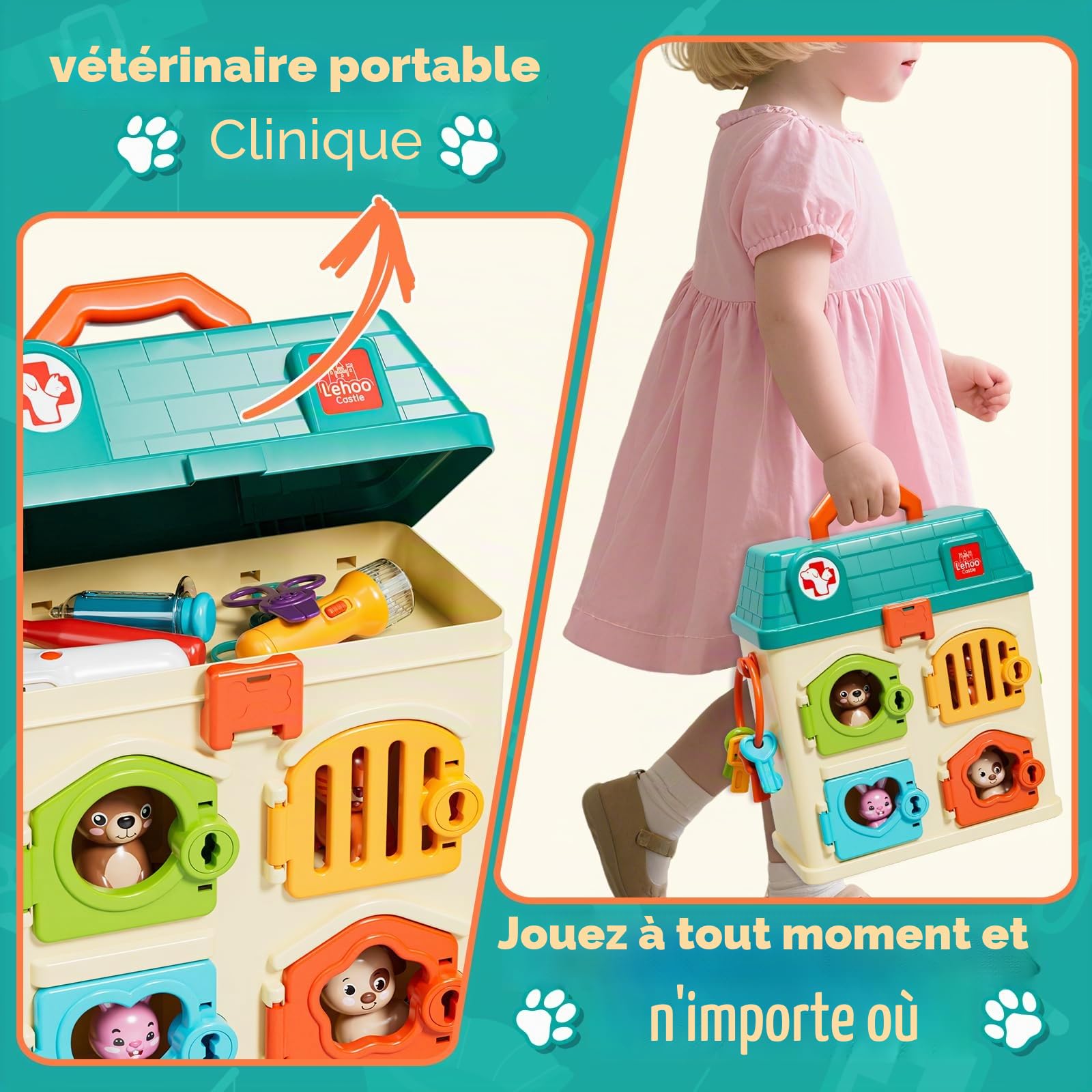 Lehoo Castle Malette Docteur Enfants, Veterinaire Enfant, Docteur avec Lumière et Son, Jouet Fille 3 Ans, Cadeau Enfant 3 Ans