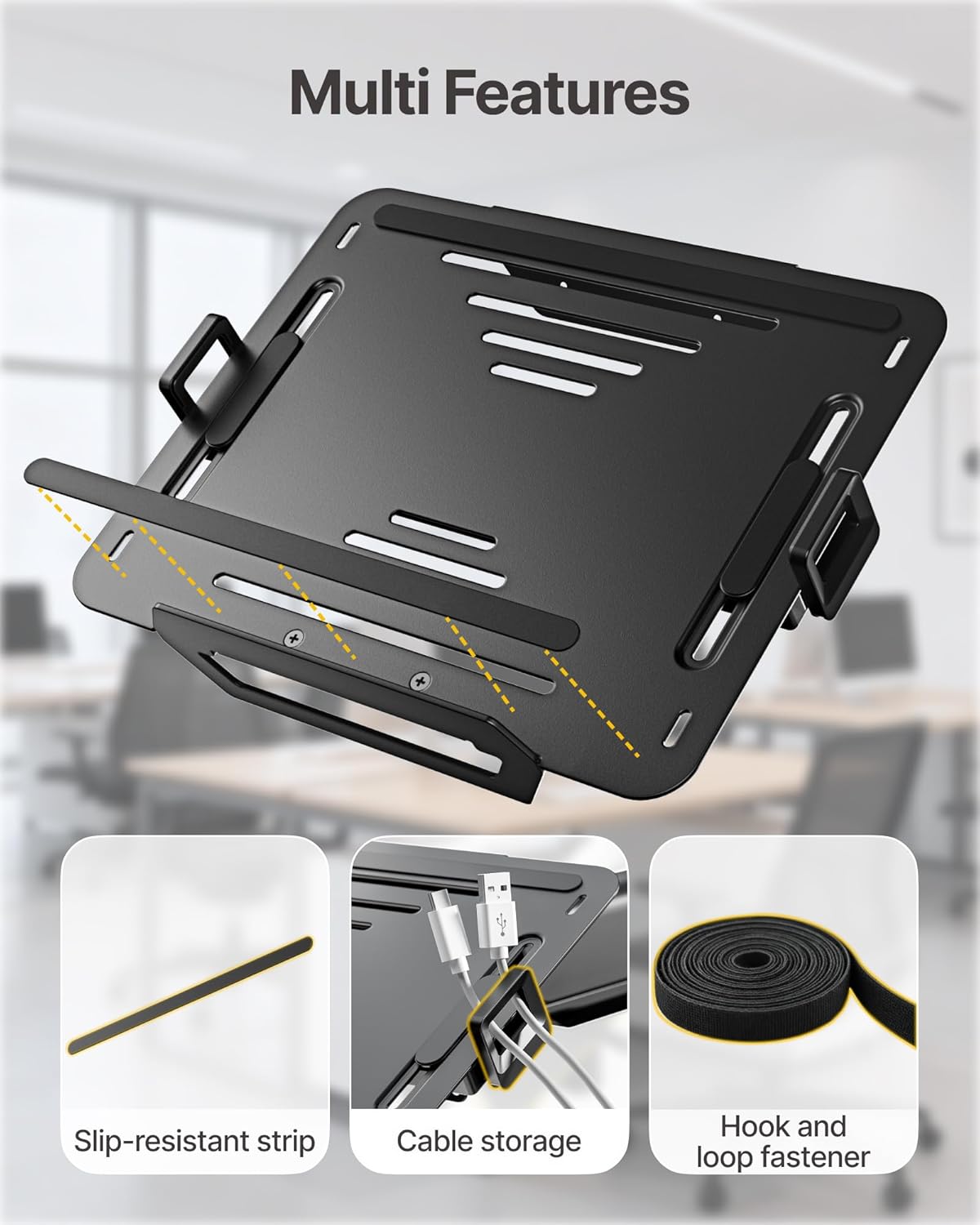 monTEK Adjustable Laptop Tray for Monitor Arm & Stand, Universal VESA Mount Laptop Holder 12″–18″, Fits Thick Gaming Laptops, Heavy-Duty Steel up to 19.8lbs, VESA 75x75/100x100 Office/Studio/Gaming