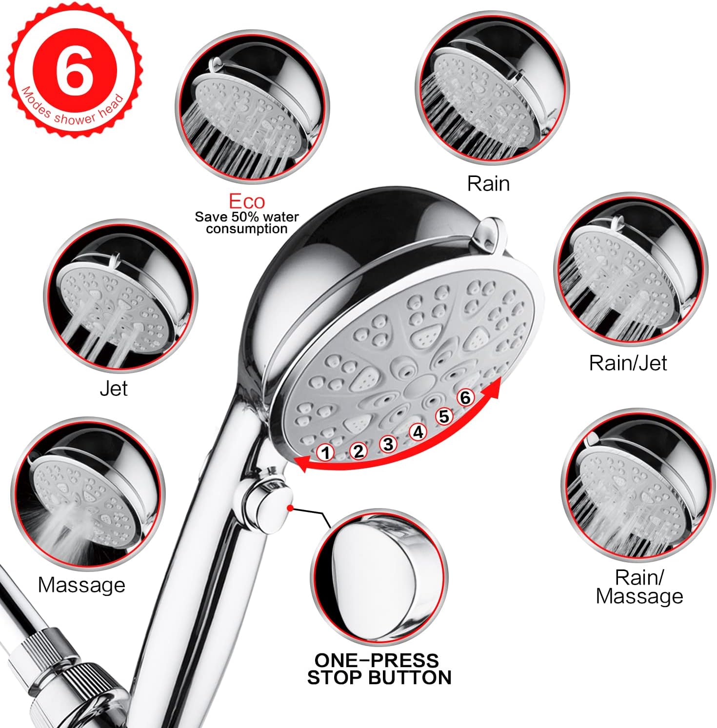Nosame Newest 6+1 Handheld Shower Head with ON/Off Switch Set High Flow Water Saving ECO Flow Handheld Showerheads with Hose and Brakets for Baby, Pet, RV and Gift,Chrome