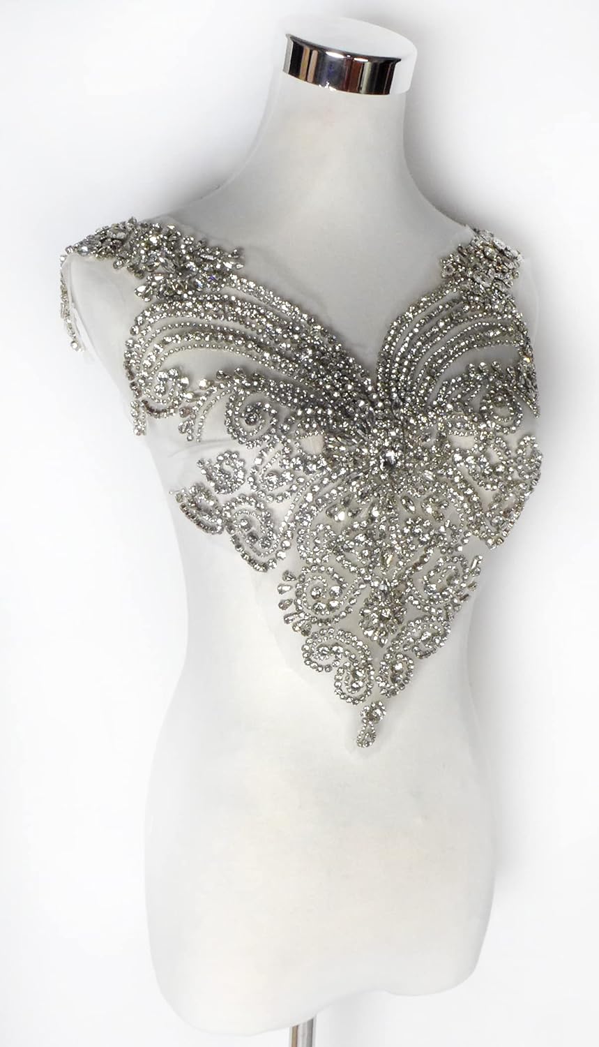 new Gold Silver Rhinestones Bodice and Neck Applique Handmade Glass Crystal Applique Patch for Dress Cloth by piece (Silver-B)