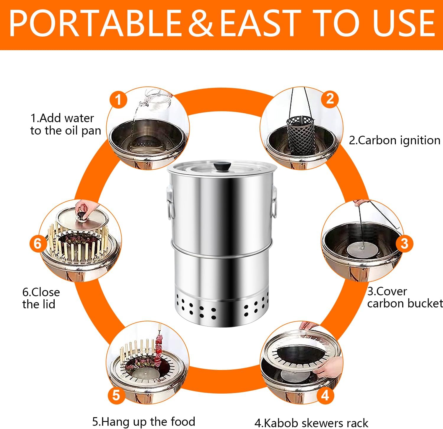 Stainless Smokeless Charcoal Grills Surround Charcoal Barrel Grill 360° Smokeless Outdoor Barbecue Grill for Travel for Travel, Outdoor Cooking and BBQ, Camping Grill Picnic Patio Backyard