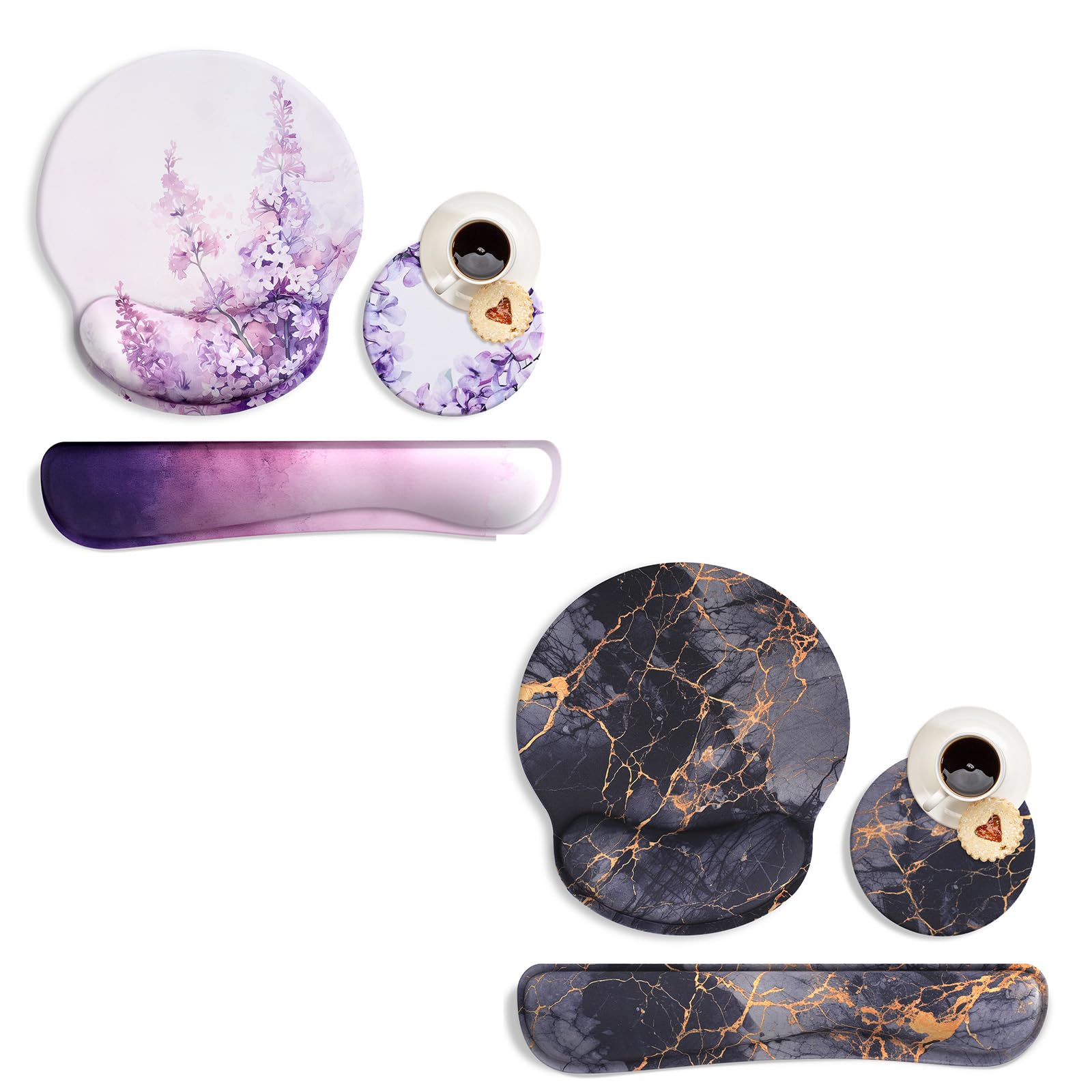 MOLNESO 2 Set Mouse Pad and Keyboard Wrist Rest, Purple Floral Mouse Pad with Wrist Rest and Keyboard Pad, Black Marble Memory Foam Keyboard Wrist Rest and Mouse Pad Set