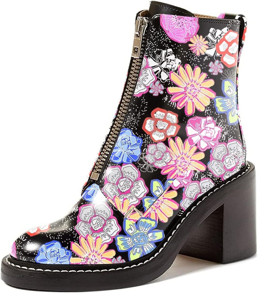 FSJ Women Comfy Stacked Low Heels Ankle Boots with Front Zipper Round Toe Handmade Shoes Size 4-15 US
