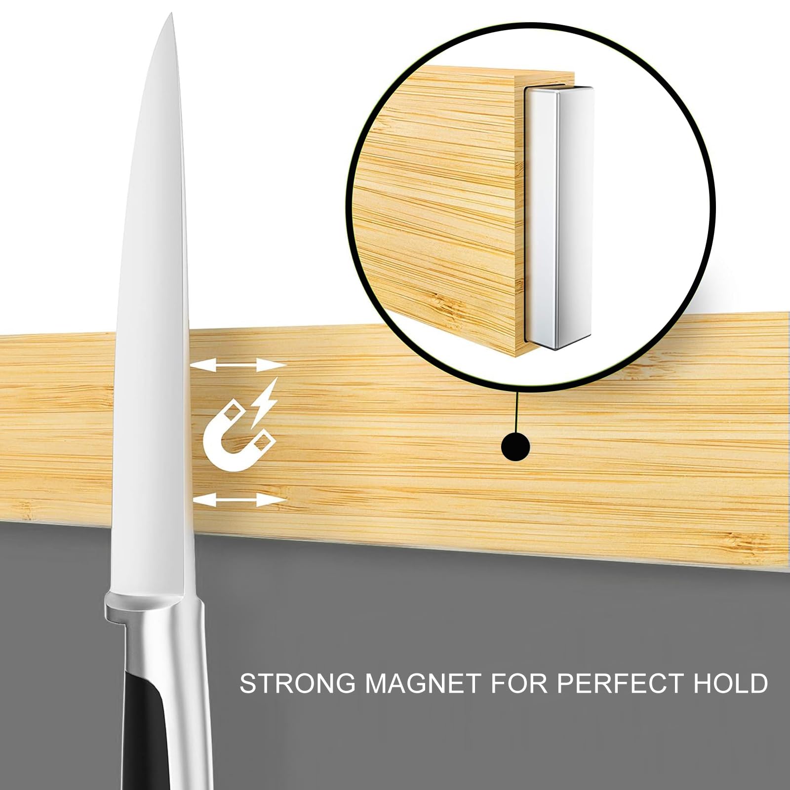 Gentpovth 40cm Soporte magnético de bambú para cuchillos de pared, Pared Soporte Magnetico, Bloque magnético de madera para utensilios de cocina, Organiza y muestra tus cuchillos de manera eficiente