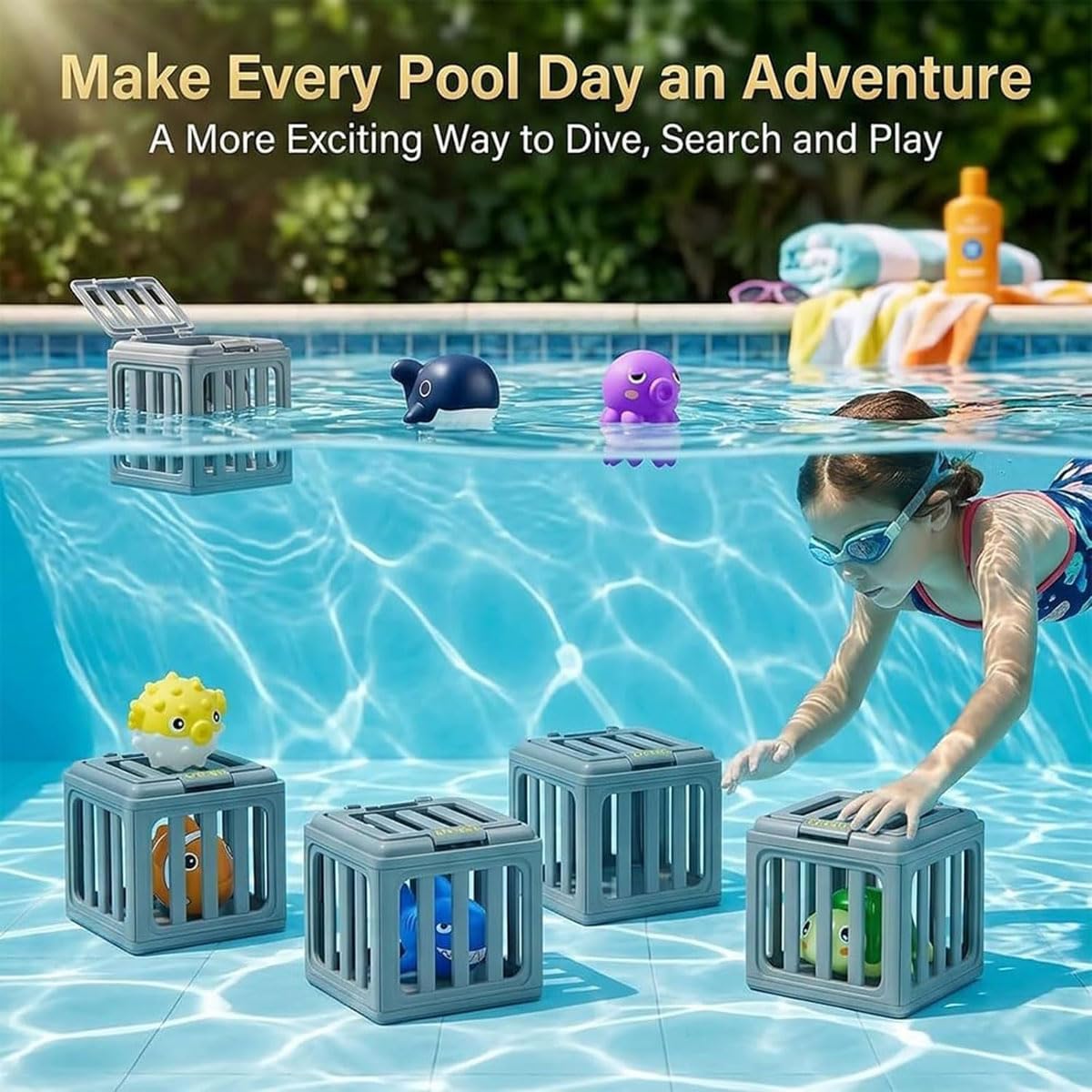 Underwater Dive Rescue Toys, Pool Diving Toys with Storage Fish Box, Diving Cages Toy with Animals Floating, for Swim Training, Beach Lake Bath Summer Party Gift (2Sets)