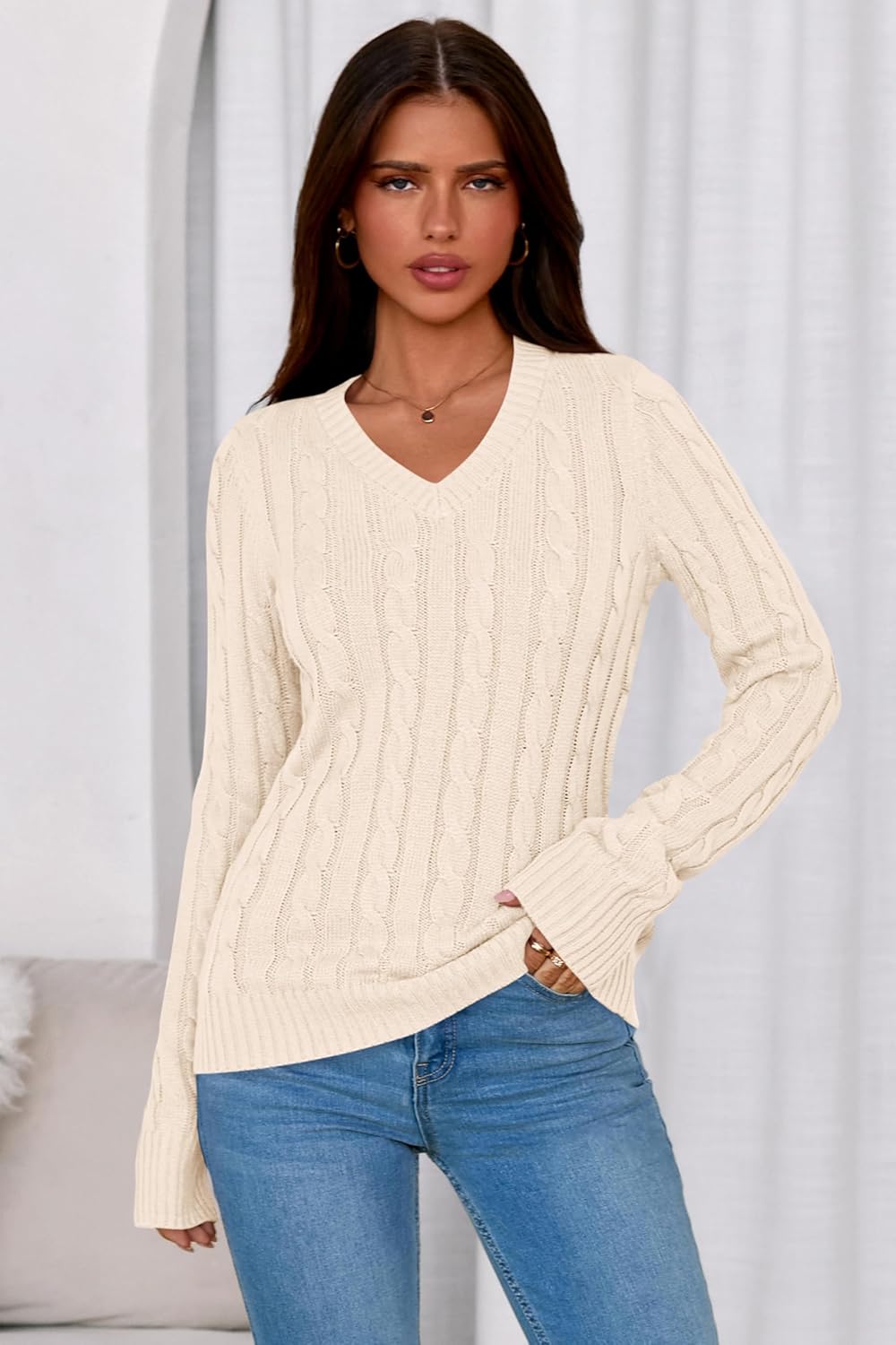 PRETTYGARDEN V Neck Cable Knit Sweaters for Women 2025 Long Sleeve Ribbed Fitted Pullover Tops Business Casual Fall Outfits - Image 2