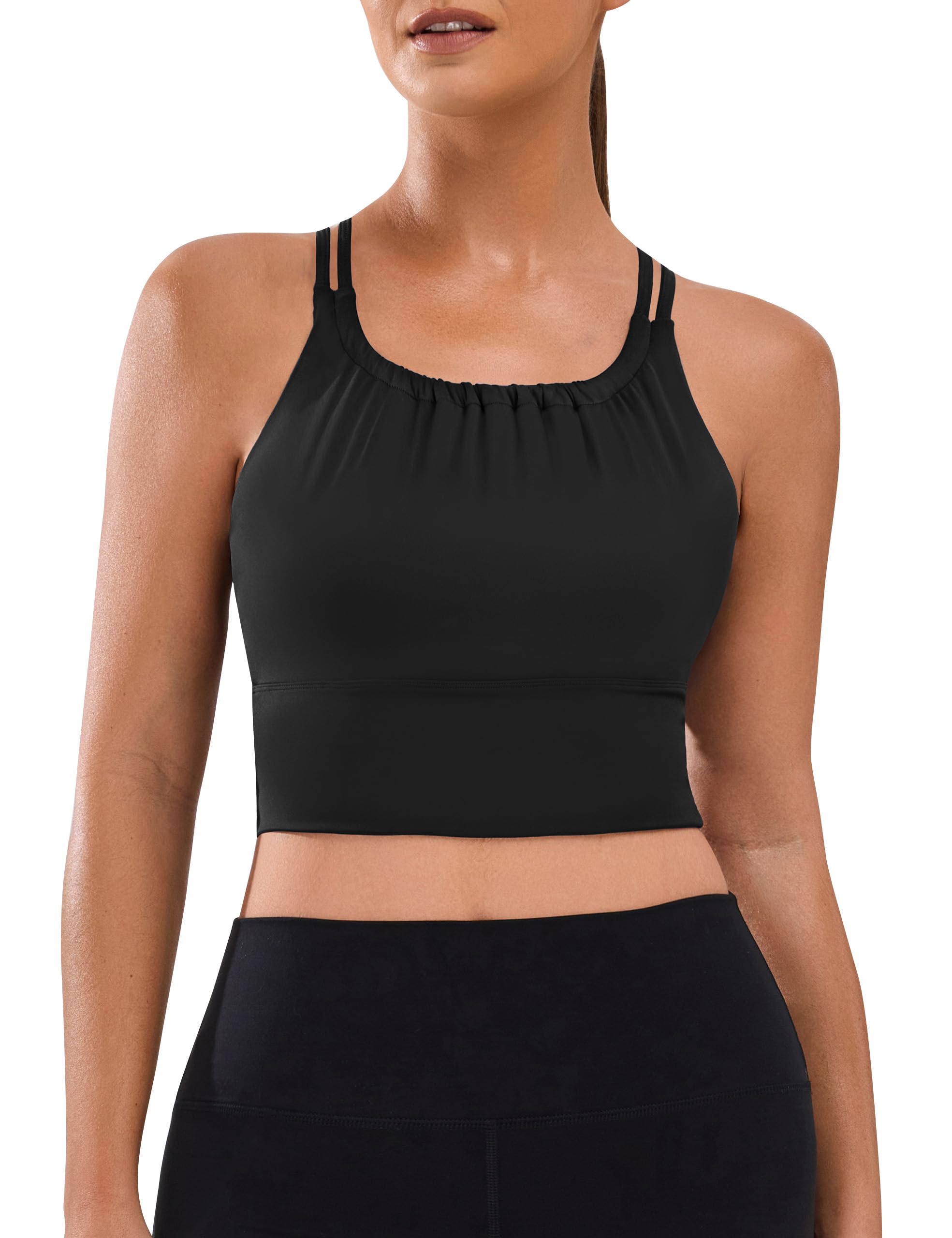 BMJL Women's Workout Tank Top Bulit in Bra Removable Pad Racerback Athletic Gym Yoga Camisole Smocked Neck Cropped Top