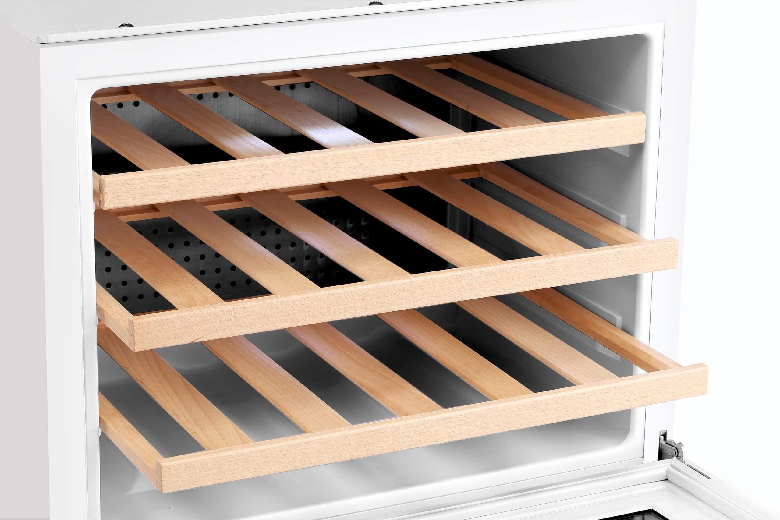 LV22W Weißer Einbau-Weinkühlschrank - 2 Zonen - Vollglas-Designtür, 22 Flaschen, 41 dB, 60 cm breit und 3 ausziehbare Schubladen aus Buchenholz