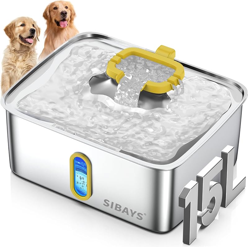 Fonte de água automática para cães de aço inoxidável SIBAYS FS78, 15 L, com filtragem de 5 camadas e LED