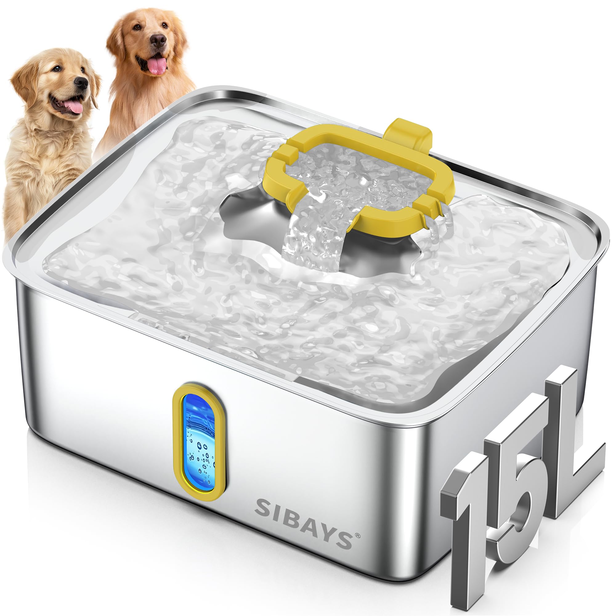 SIBAYS Fuente de agua para perros grandes de acero inoxidable de 4 galones/15 L, fuente de agua automática ultra silenciosa para mascotas, dispensador de cuenco de agua para perros con ventana de