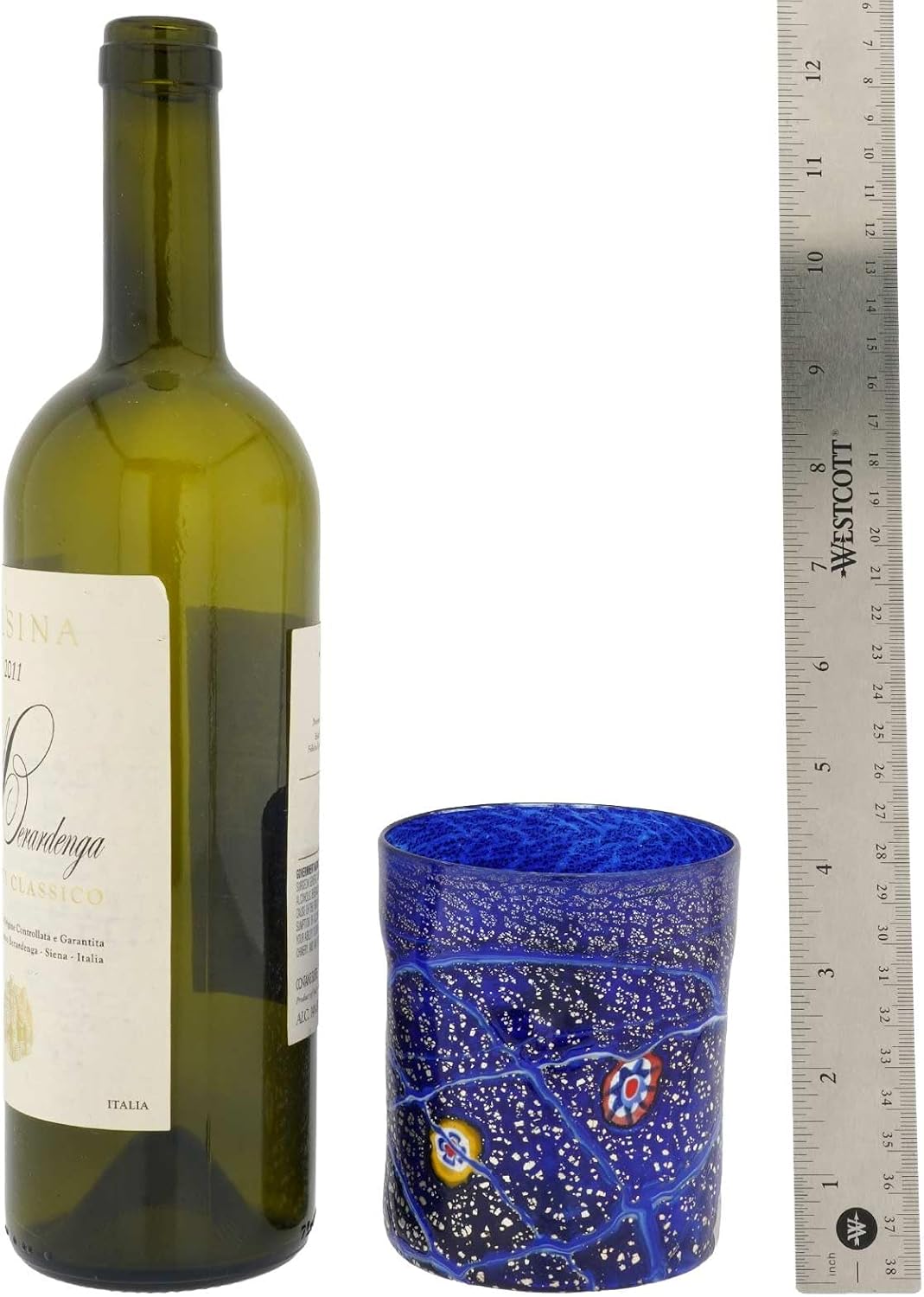 Glass Of Venice Murano Glass Blue Silver Highball Drinking Glass, 16 oz Tumbler for Water, Soft Drinks, Cocktails - Italian Handmade Blue with Multicolor Millefiori Design