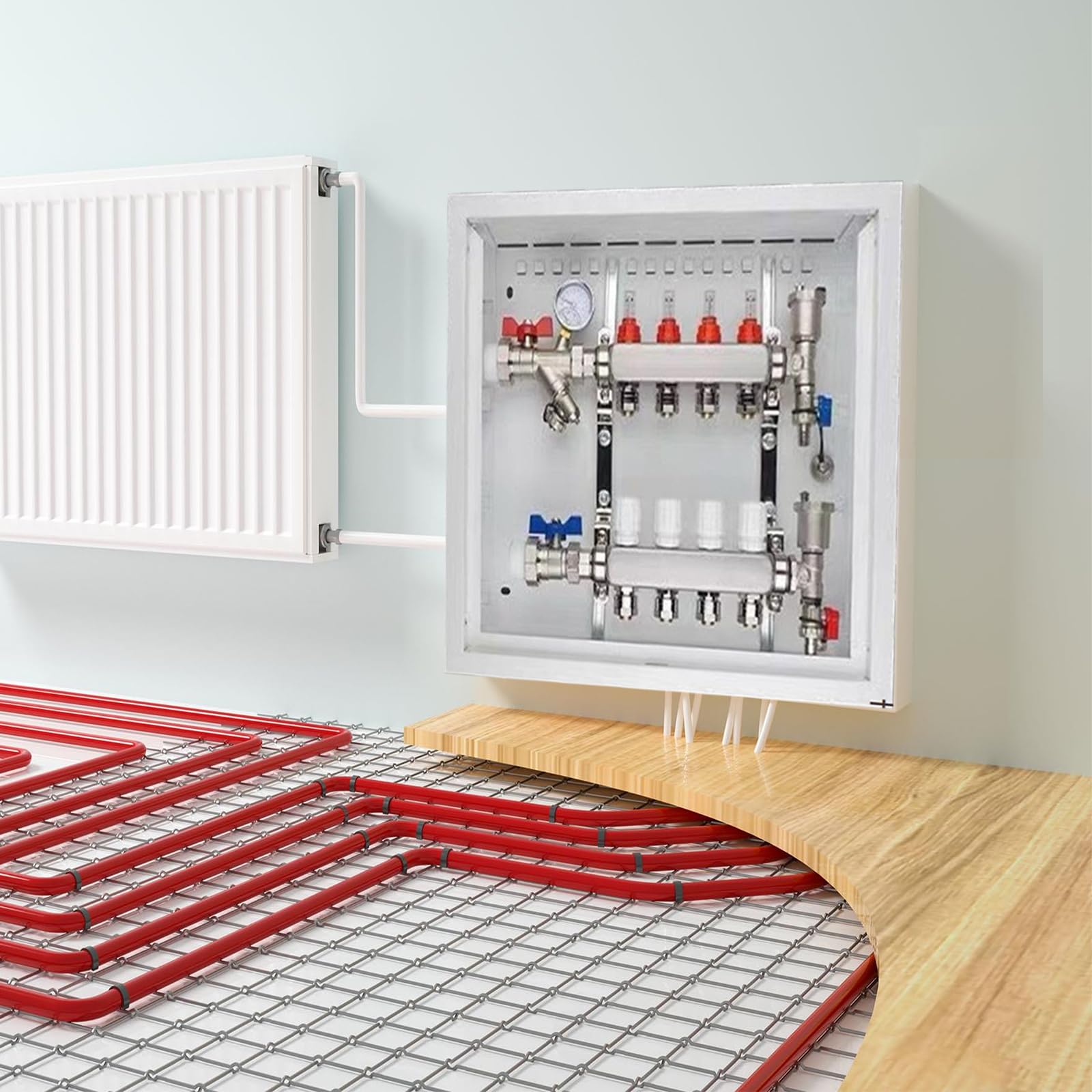 Armario de Distribución para Calefacción por Suelo Radiante, 5-6 Conexiones para Circuitos de Calefacción, Montaje Empotrado, Superficie Lacada, Caja de Hierro, 500 x 450 x 110 mm