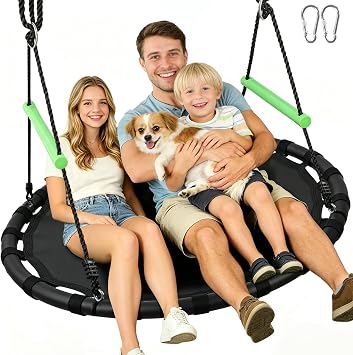 48-Inch Round Saucer Tree Swing for Backyard Fun,Heavy-Duty Steel Frame with Thick Foam Cover & Durable Water-Resistant PP Fabric Mat and Handles Black, 48 Inches Diameter