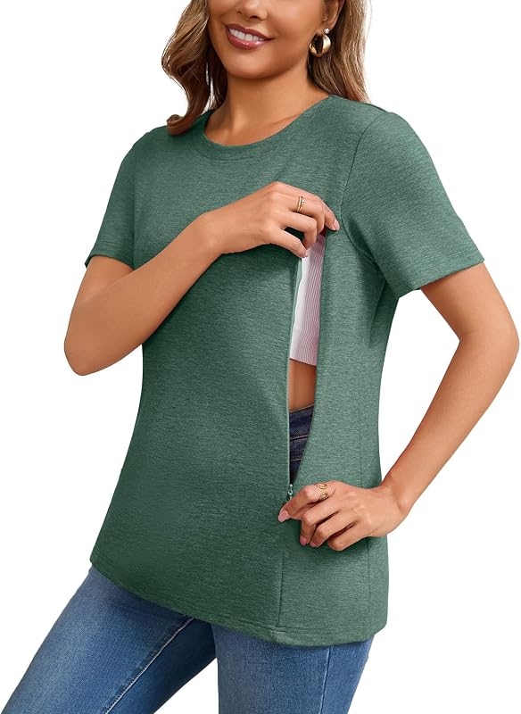 Women's Nursing Shirts Short Sleeve Breastfeeding Tshirt with Hidden Zippers Loose Fit Nursing Tops