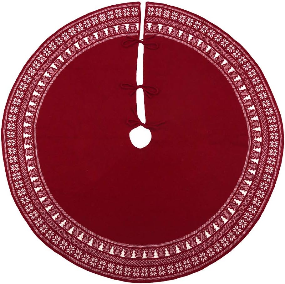 XGATML YuanKanJu Meriwoods Fair Isle Knit Tree Skirt 48 Inch, Chunky Knitted Tree Collar for Country Rustic Christmas Decorations, Burgundy Red & Cream White