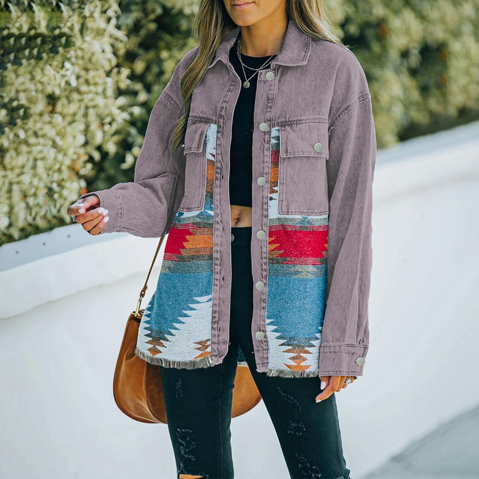 Jeans Casual chaquetas 2023 Otoño Invierno nuevo azteca solapa bolsillo Denim abrigo Patchwork manga larga lana mujer chaqueta Retro