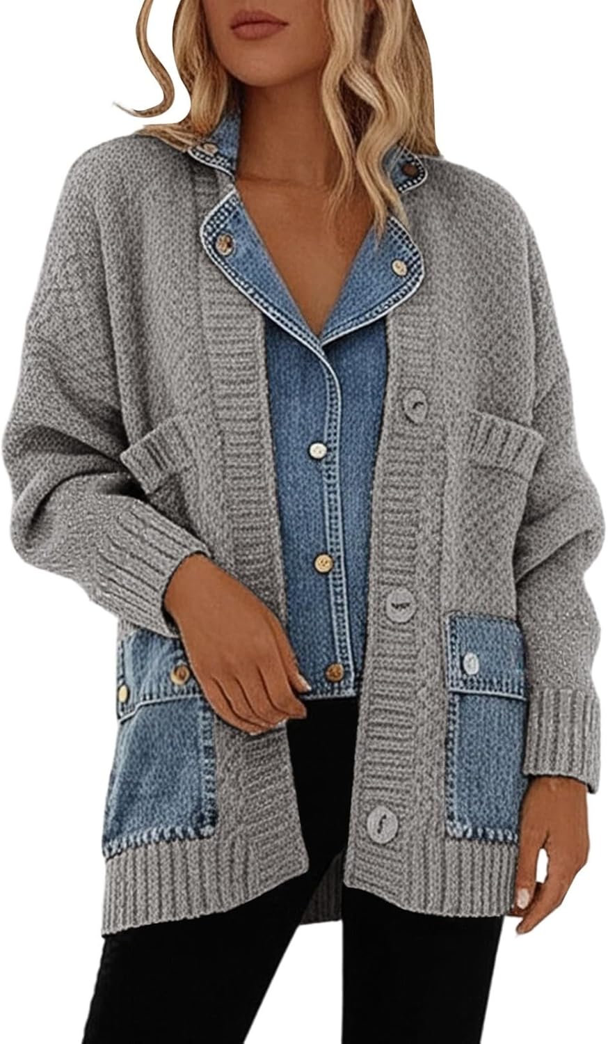 Women's Faux Two Piece Cardigan Sweater Knit Open Front Casual Loose Fit Fall Winter Top Soft Comfortable