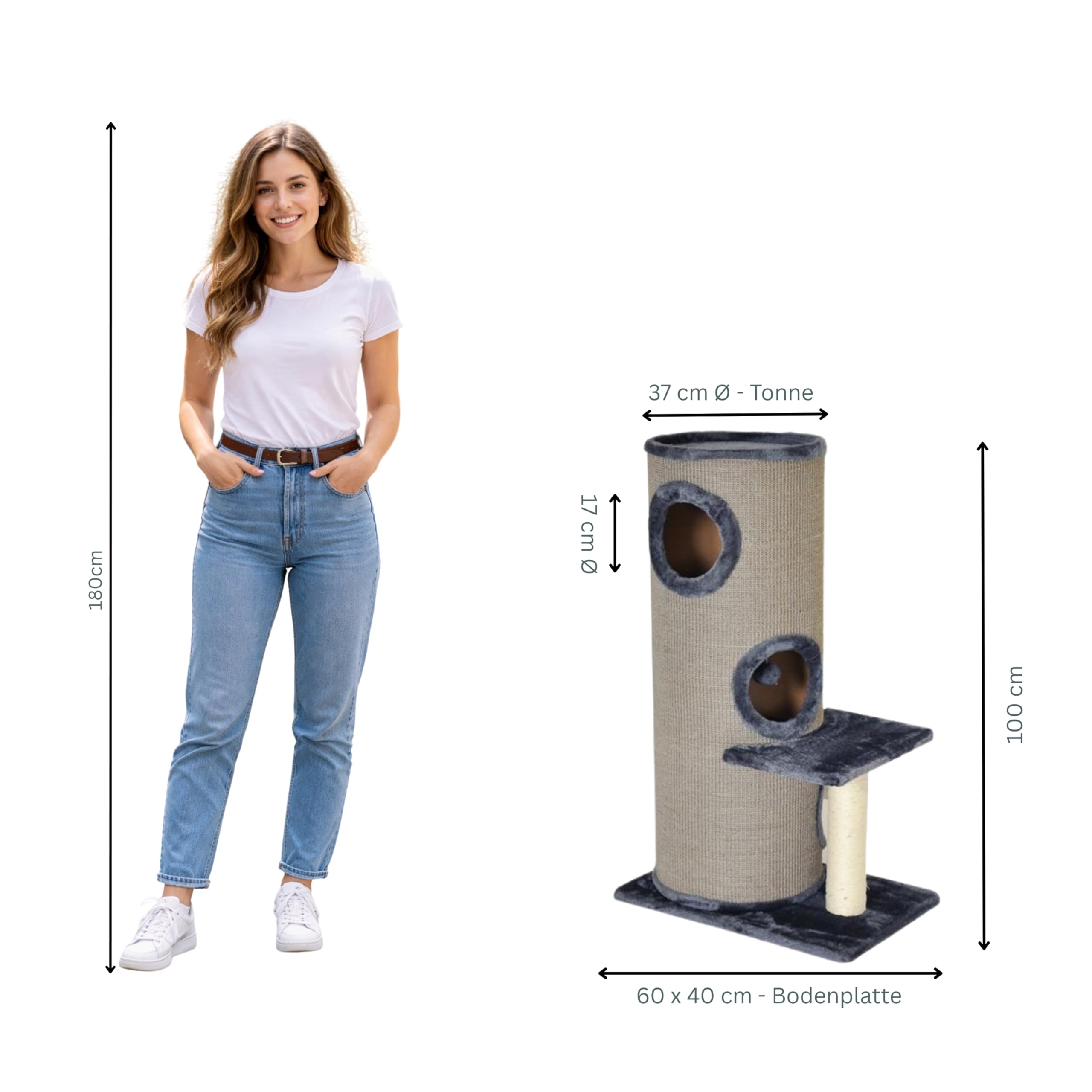 nanook Casimir - Kratztonne XL, 3 Etagen, seitlicher Sitzplatz mit Sisalstamm - Höhe: 102 cm - Farbe: grau