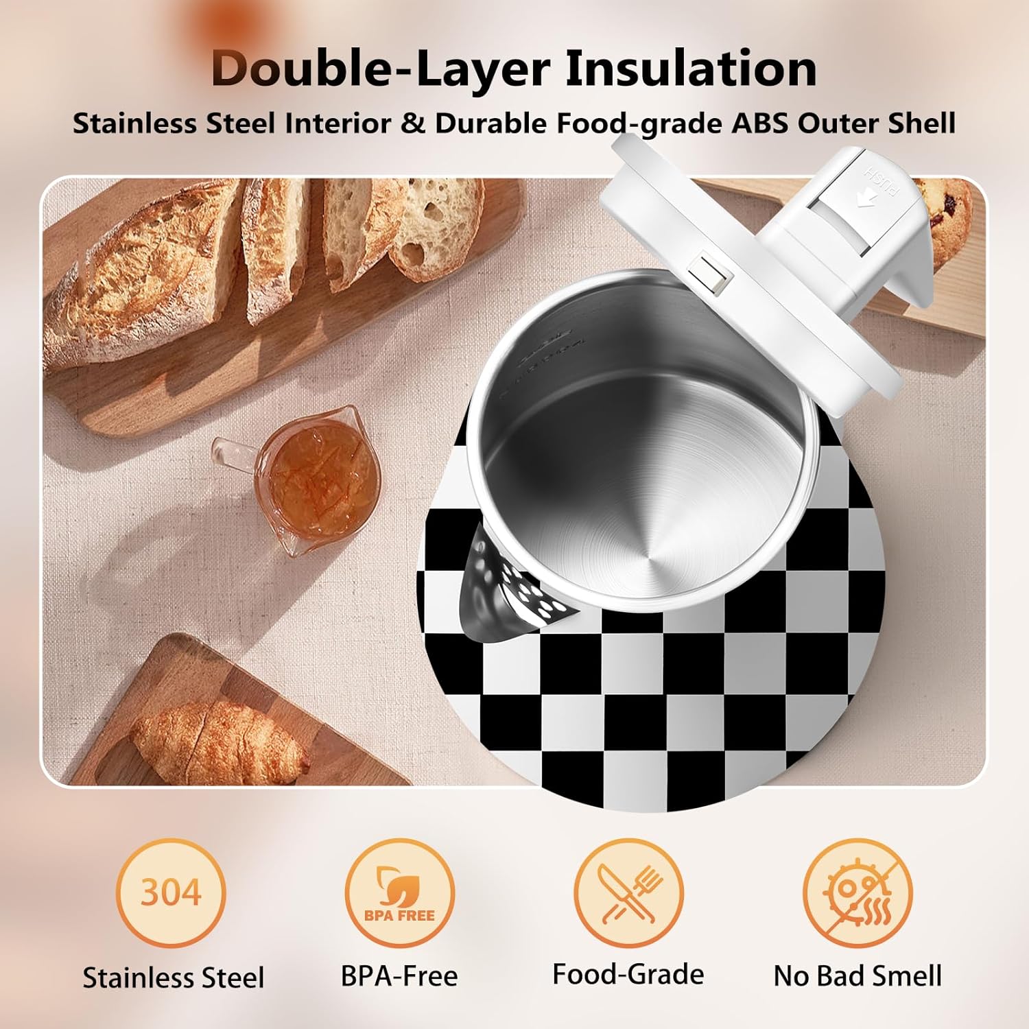1.2L Double Wall Stainless Steel Interior Water Boiler, Cordless, 1000W Fast Boil with LED Light Coffee Pot & Tea Electric Kettle, Auto Shut-Off and Boil-Dry Protection (Black)