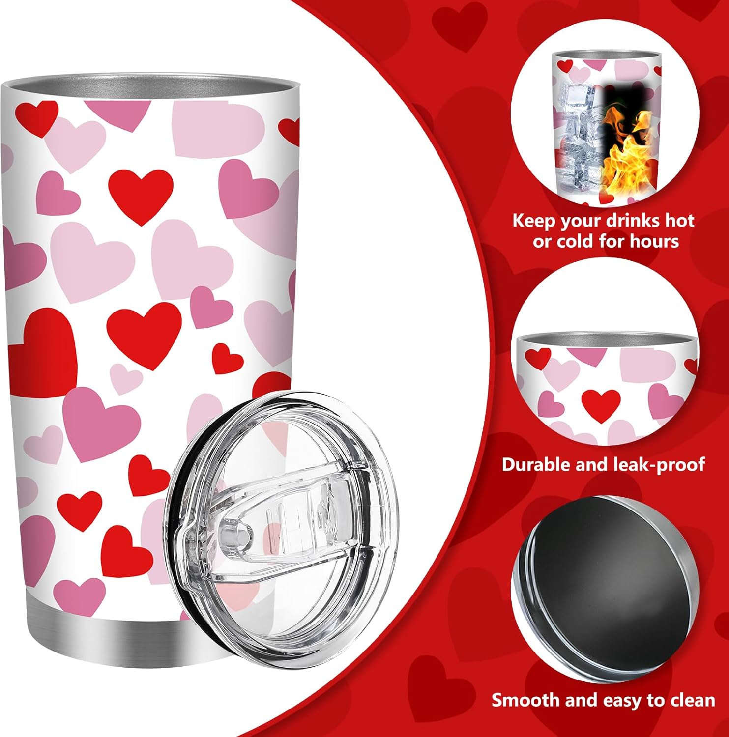 JarThenaAMCS 1Pcs Valentine Tumbler with Lid Straw 20 Oz Red Pink Heart Travel Coffee Tumbler Cup Boxed for Anniversary Birthday Party Favor Supplies - Image 3