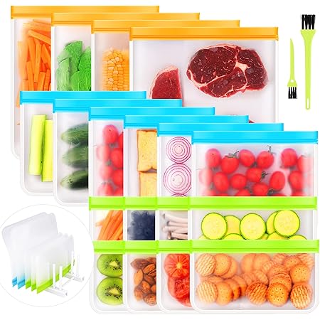 Ceephouge 18 Pack Reusable Food Storage Bags, 4 Freezer Bags Gallon Size, 6 Reusable Sandwich Bags, 8 Reusable Snack Bags with Drying Rack, BPA Free Leakproof Silicone and Plastic Lunch Bag