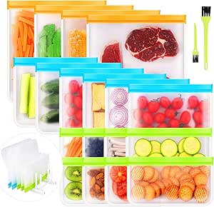 Ceephouge 18 Pack Reusable Food Storage Bags, 4 Freezer Bags Gallon Size, 6 Reusable Sandwich Bags, 8 Reusable Snack Bags with Drying Rack, BPA Free Leakproof Silicone and Plastic Lunch Bag