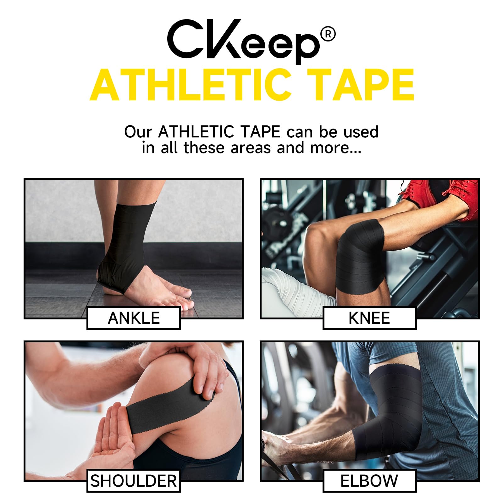 CKeep Black Athletic Tape (4 sztuki), 100 m na rolce, łatwa do łzawienia i nie pozostawia, podpierająca taśma sportowa do stresów i sprayów, hipoalergiczna i oddychająca