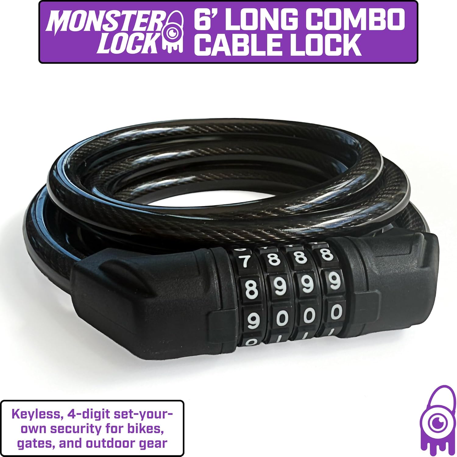 Monster Lock 6 ft Resettable Combination Cable Lock – 13mm Braided Steel, Weather-Resistant Vinyl Coating, Keyless 4-Digit Set-Your-Own Security for Bikes, Gates & Outdoor Gear – Trust The Monster