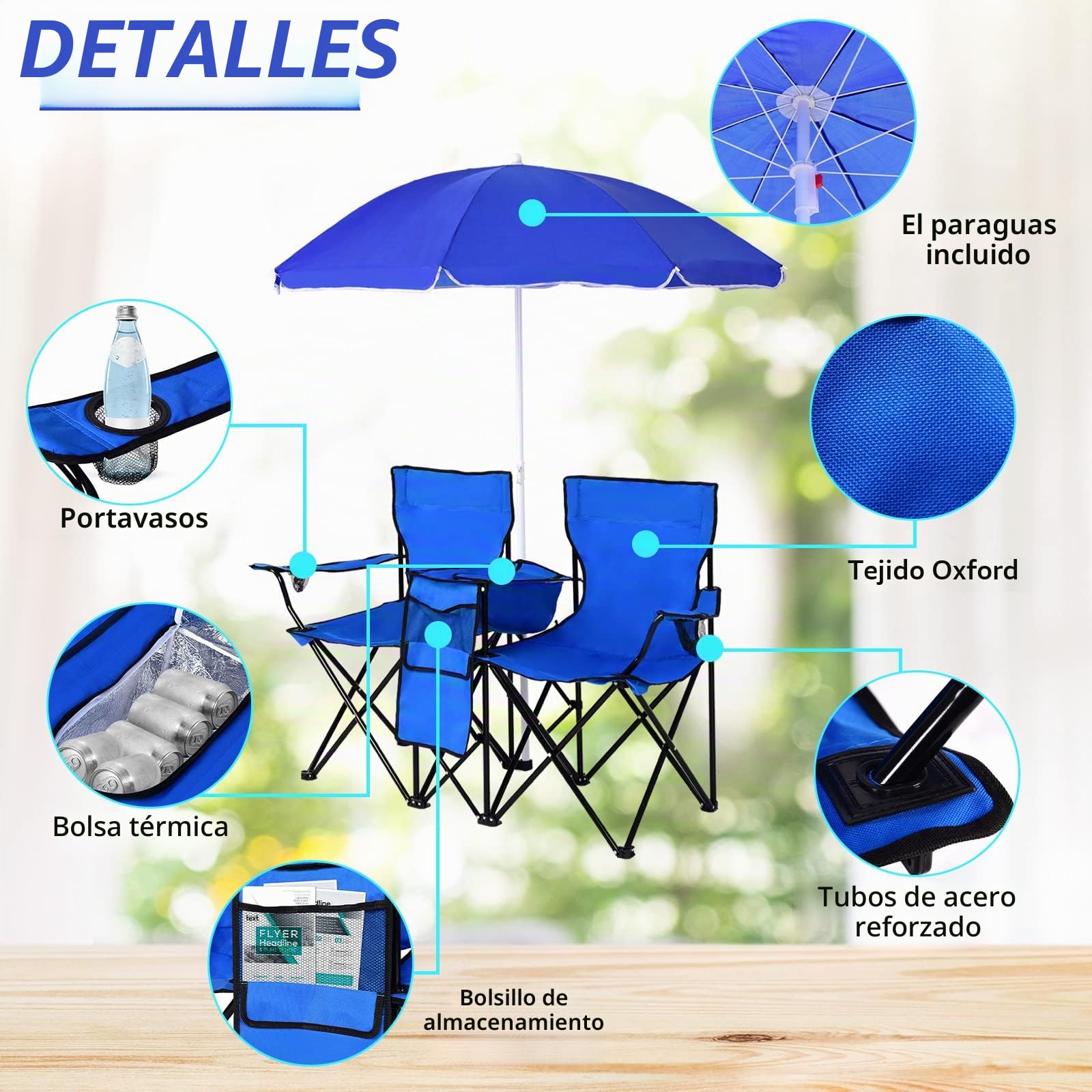 GOPLUS Silla de Camping 2 Plazas con Sombrilla, Sillón Doble con Bolsillo, Portavasos y Bolsa de Transporte, Silla Plegable Portátil para Playa Pesca Barbacoas Picnic (Azul)