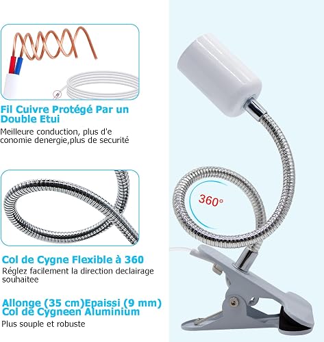 Wrpacttg Lampe E27 à Pince, Lampe de Lecture, Lampe de Chevet LED, Douille E27 avec 350MM Col de Cygne, 220CM Cable avec Interrupteur, Clip de Base en Métal, Lampe a Pince pour Lit, pour Maquillage - 3