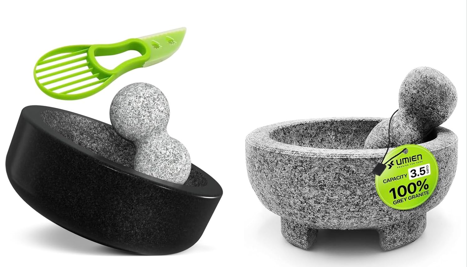 2 Mortar and Pestle Set - Guacamole Bowl Molcajete Mexicano 3.5 Cups - Natural Stone Grinder for Spices, Seasonings, Pastes, Pestos and Guacamole - Extra Bonus Avocado Tool