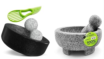 Granite Mortar and Pestle Set 2-Pack, 8-Inch 3.5-Cup Molcajete, Grey & Black
