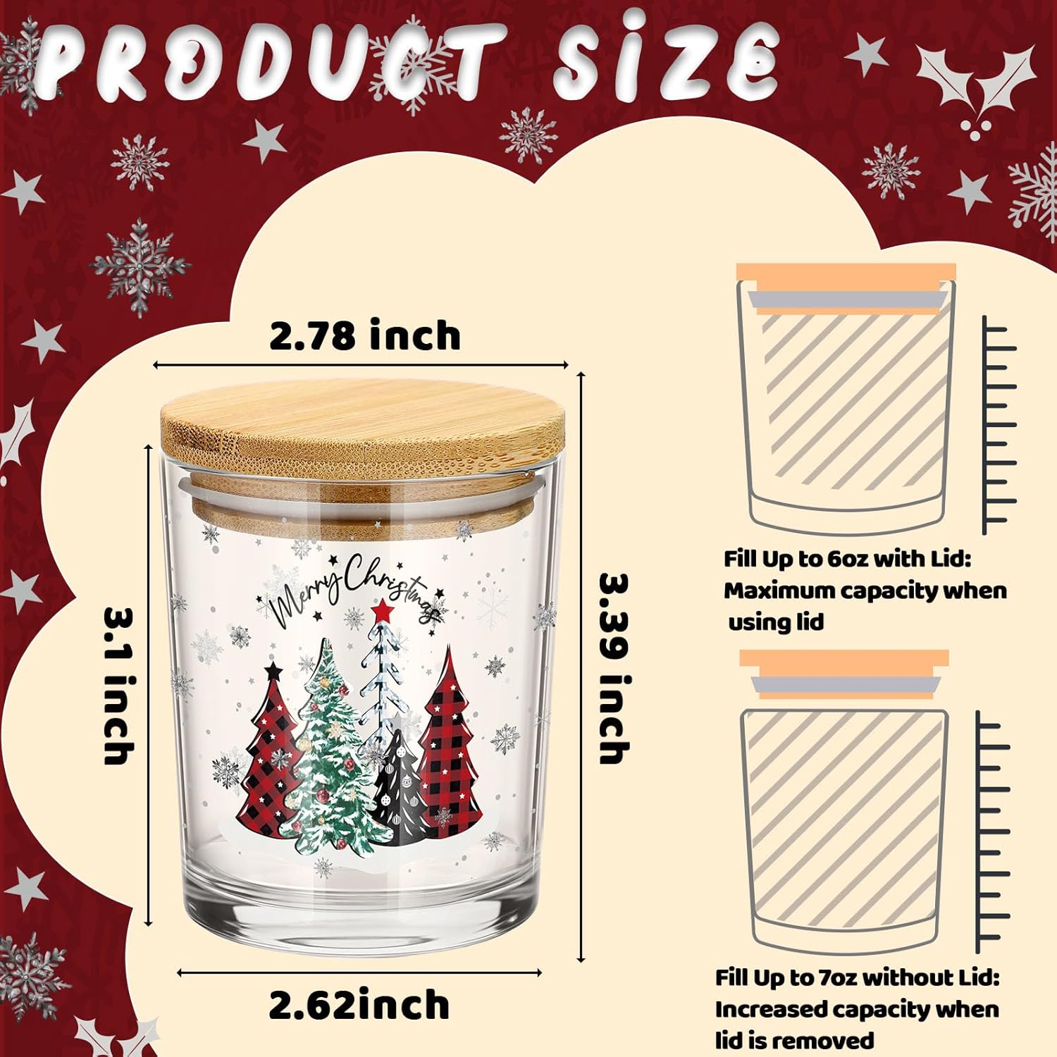 Ziliny 12 Pack 7 oz Christmas Glass Candle Jar with Wood Lids Xmas Classical Thick Empty Jars for Making Candles Small Holiday Container Bulk for Gifts Making DIY Party Supplies Accessories