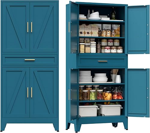 Miniatura 18 de COFaR Armario blanco de despensa de cocina con 2 puertas de granero, 3 estantes y patas ajustables, para armario, comedor, baño, sala de estar,