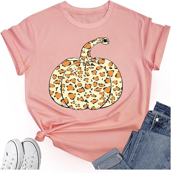 Thanksgiving Shirts for Women: Thankful Greatful Blessed Fall Pumpkin Short Sleeve Crew Neck T-Shirt