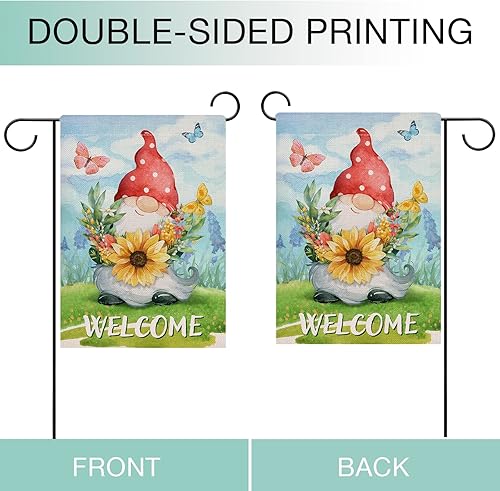 Miniatura 3 de Hzppyz Bandera de jardín con diseño de gnomo de primavera, girasol, flores silvestres, doble cara, sombrero de lunares rojos, mariposa, floral,