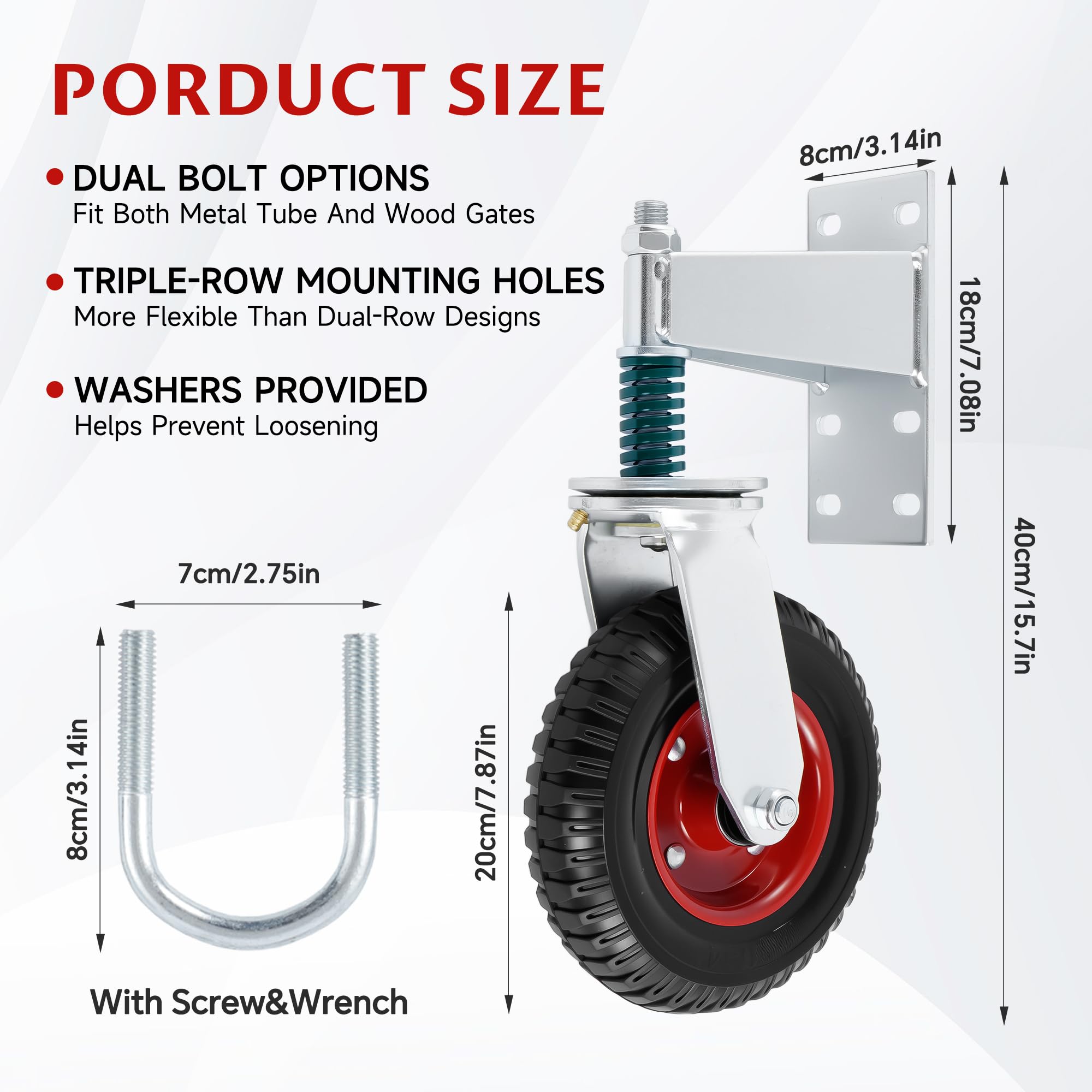 Rueda de puerta de 20 cm, ruedas de carga de 360 resortes resistentes para puerta giratoria de tubo de metal, capacidad de carga de 500 libras con tornillos y llave inglesa