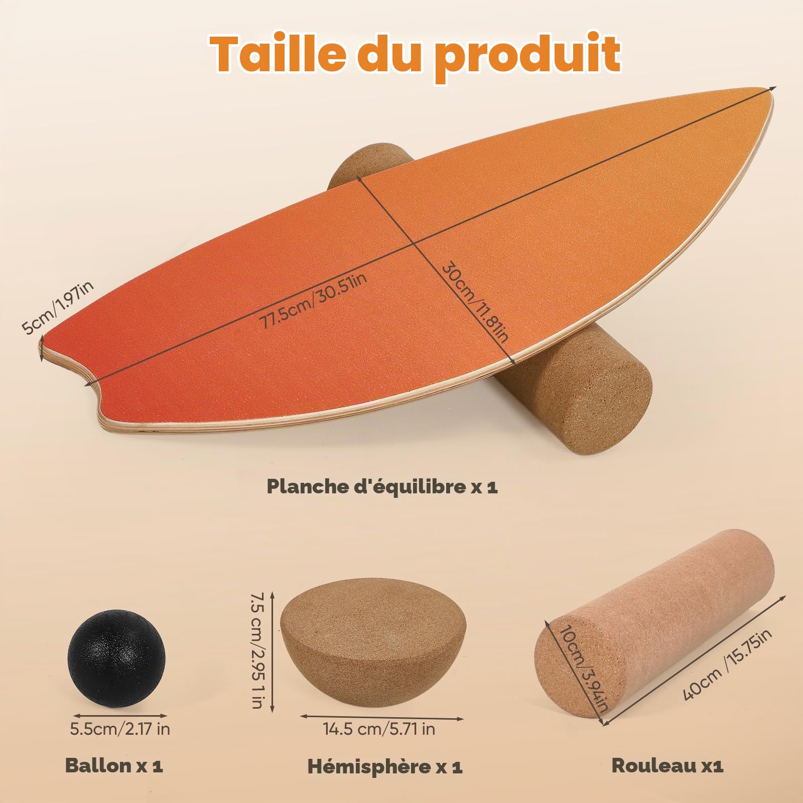 Planche d'Équilibre pour Adultes,Balance Board avec Rouleau et Balle en Liège, Antidérapant pour Gainage, pour Surf, Ski, Yoga, Rééducation, Capacité 200kg- Orange