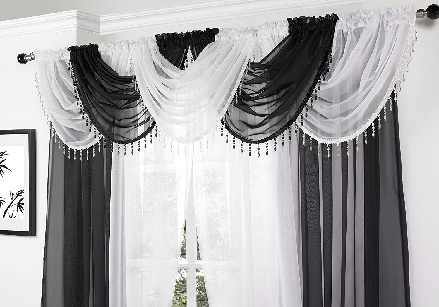 Maple Textiles Voile Curtain Swag with Crystal Beaded Trim (Black Swag)