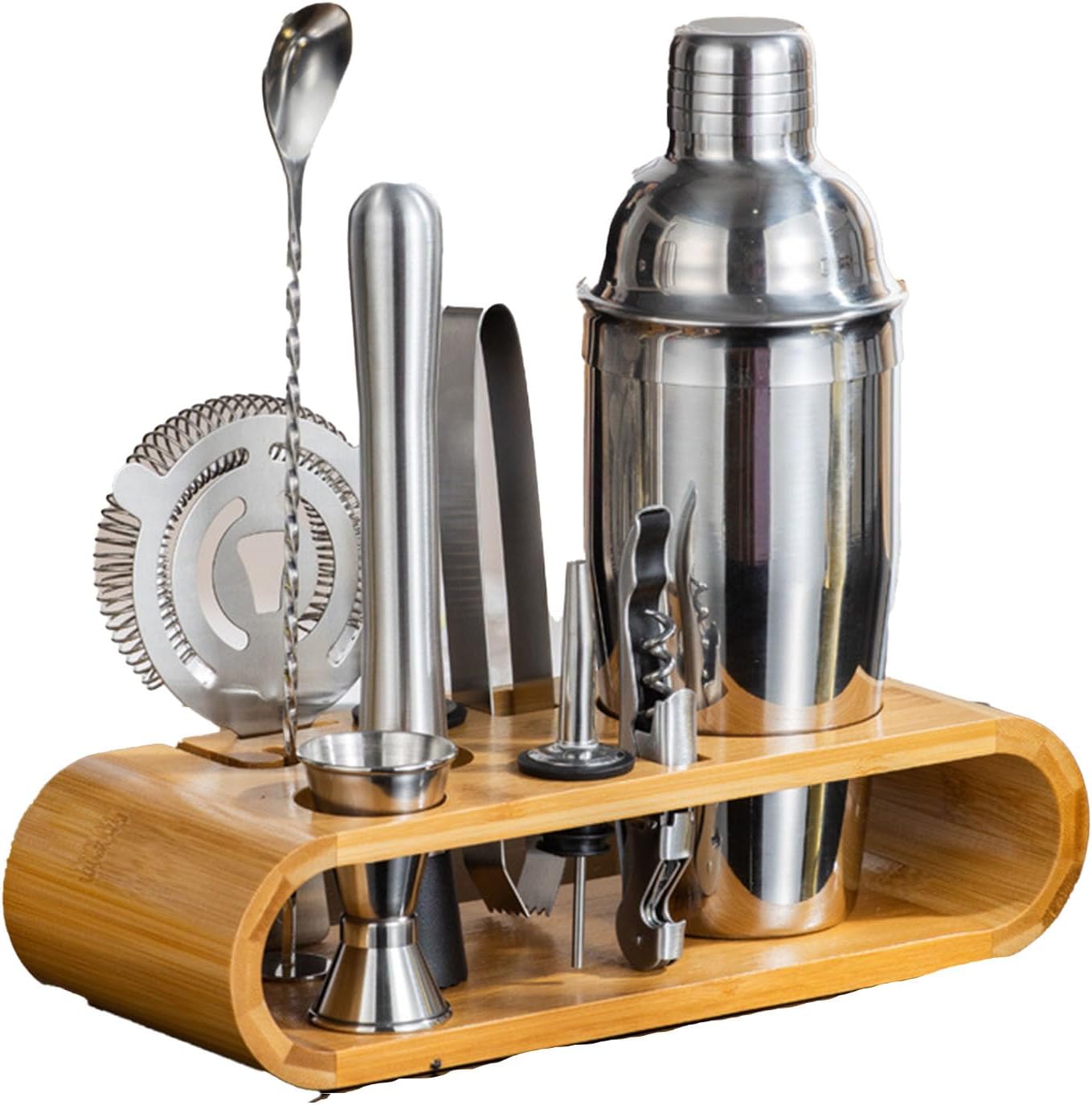 10-Piece Stainless Steel Cocktail Shaker Set with Stand – Bartender Kit w/Martini Shaker, Jigger, Strainer, Ice Tools & Decanter for Home Bar, Party & Gift