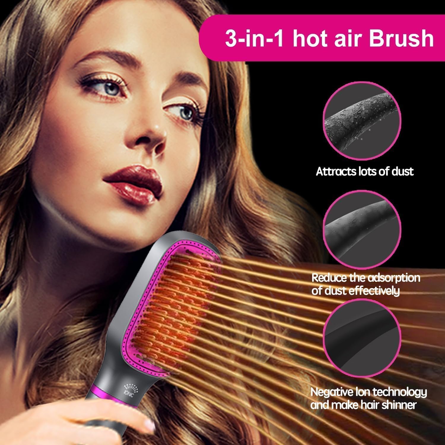 3-in-1 Hair Dryer Brush & Styler – Professional Blow Dryer Comb with Negative Ions, Volumizing Hot Air Brush for Straight & Curly Hair, Salon-Quality Styling Tool