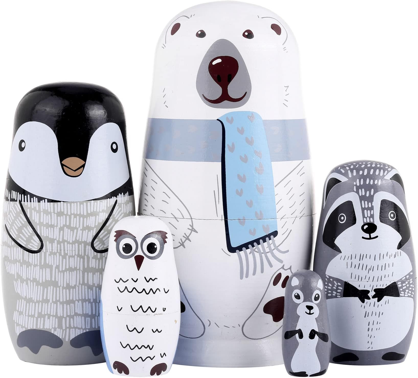 CozyCabin 5 Pcs Russian Nesting Dolls Cute Bear Handmade Wood Stacking Nesting Dolls Russian Matryoshka Dolls Birthday Holiday (White Bears)