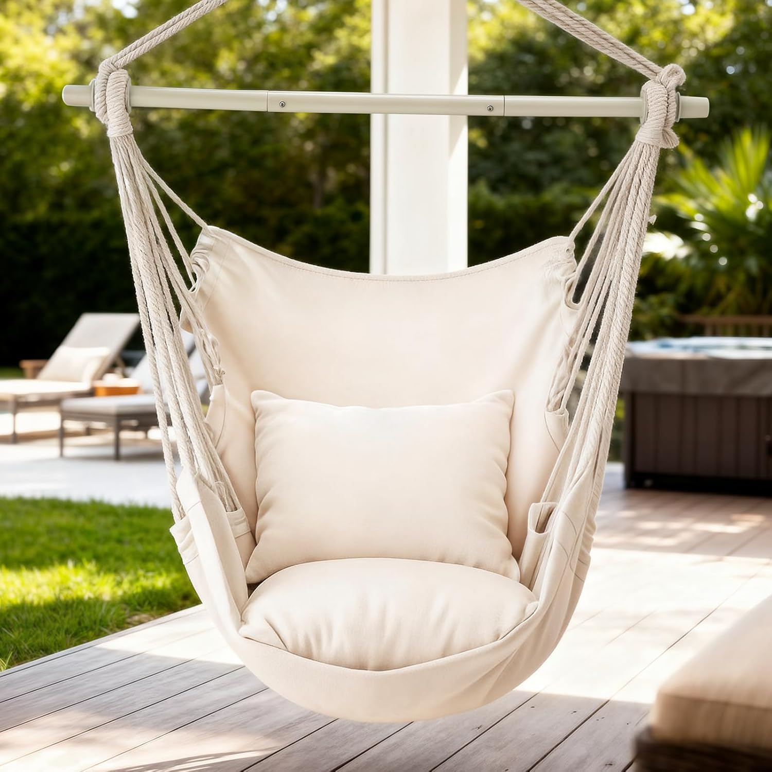 MoNiBloom Hammock Chair Hanging Rope Swing w/2 Cushions, Boho Macrame Hanging Chair Max 350 lbs Capacity w/Side Pocket for Adults Indoor/Outdoor, Living Room Bedroom Comfy Reading Swinging Chair - Image 3