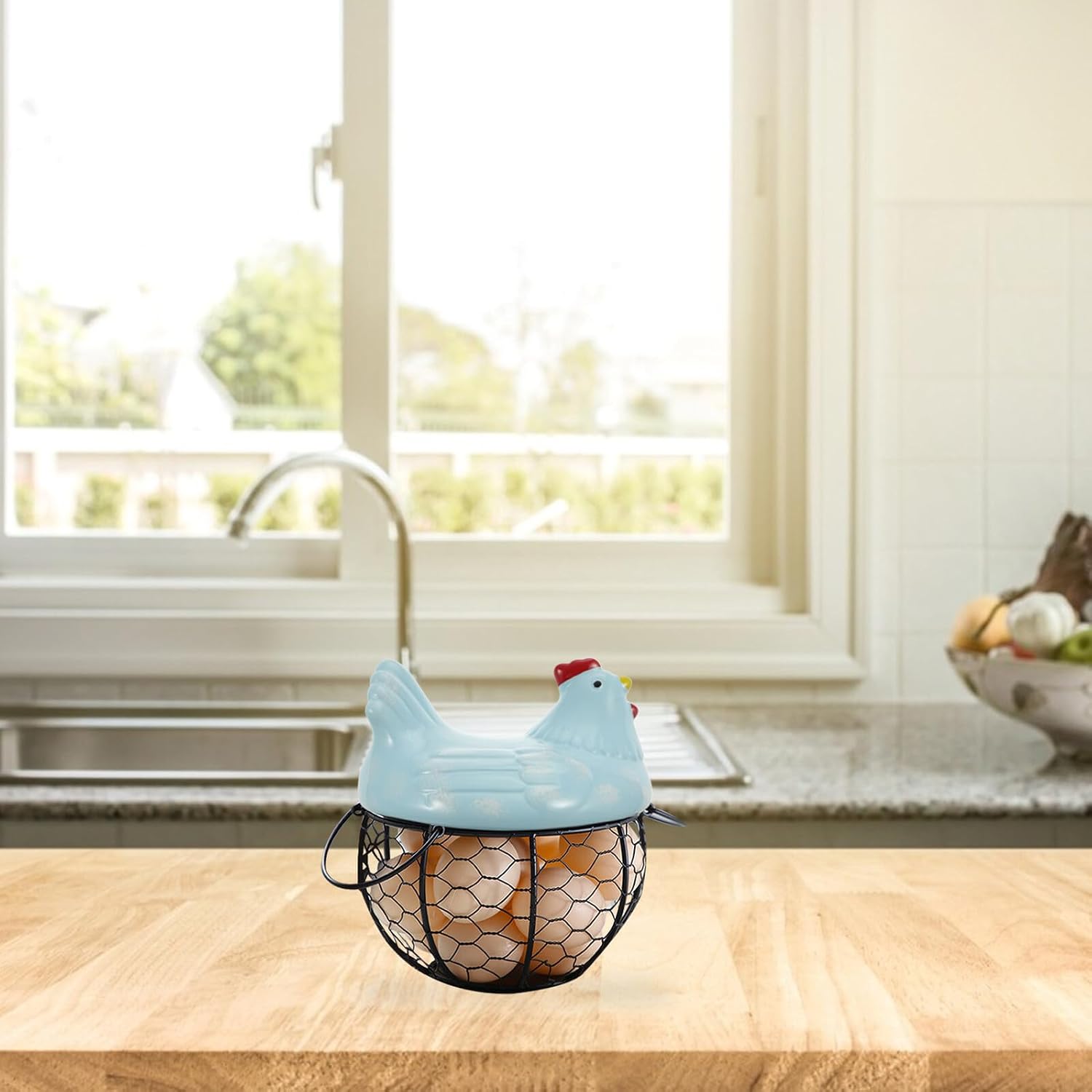 Iron Egg Storage Basket with Chicken Design, Small Blue Iron Snack Basket for Kitchen Countertop Organization and Decorative Home Storage