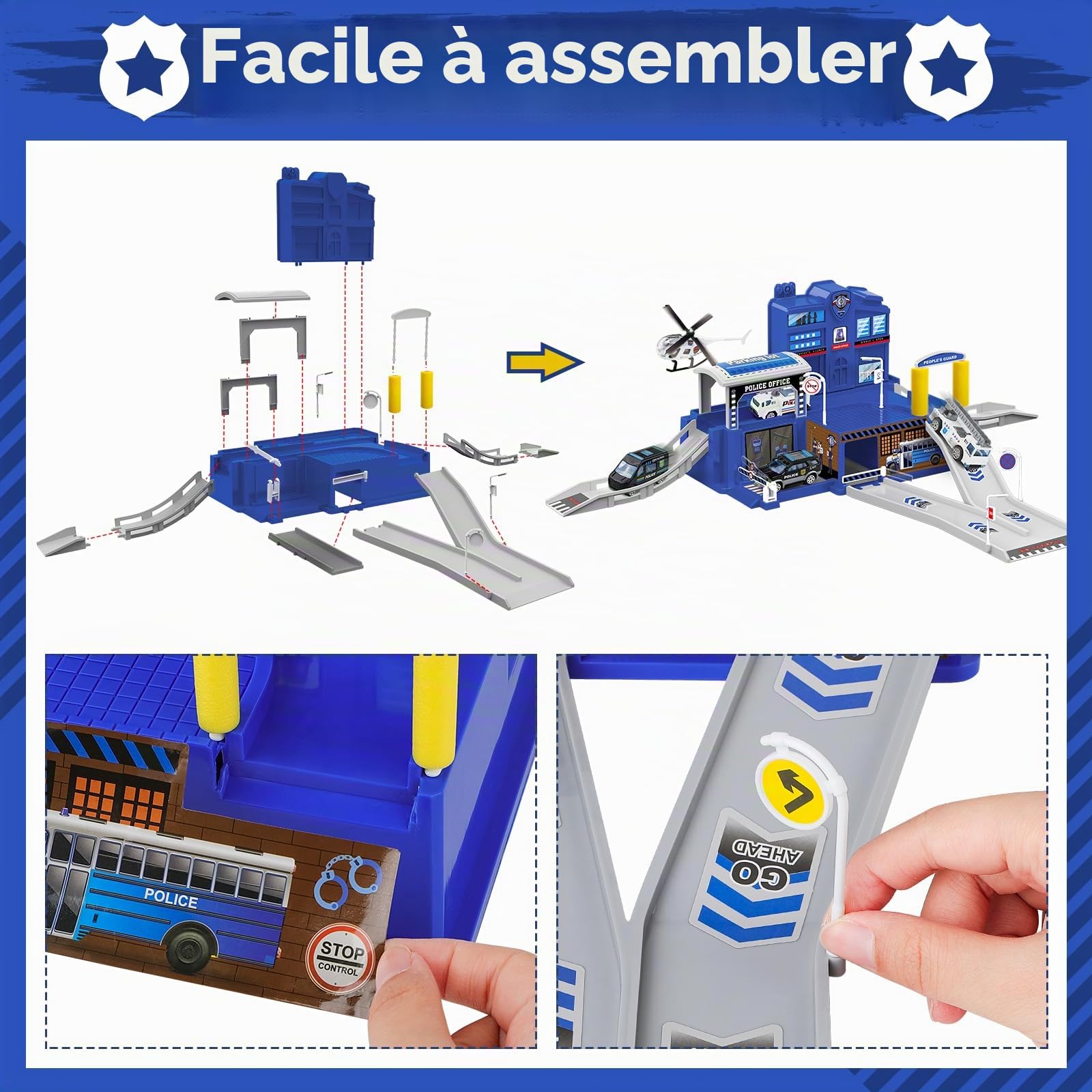 deAO City Poste de Police, Jouet de Construction avec Bâtiment de Bureau, Véhicules de Police, Hélicoptère, Camion, City Police Station avec Voiture de Police, Cadeau pour Garçons et Filles de 6 Ans+