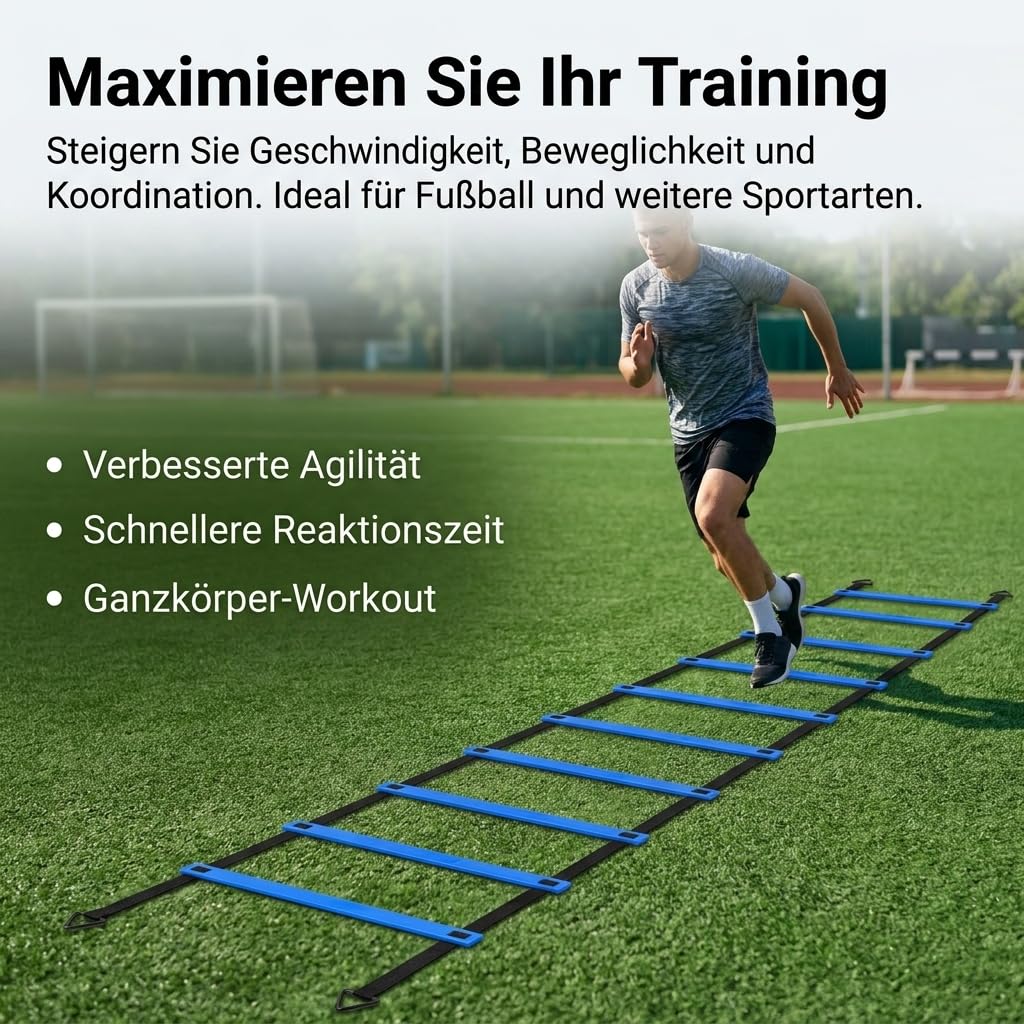 Fussball Trainingszubehör Agility Set, Koordinationsleiter 6m mit 42.5cm Sprossen, 12 Hütchen 16cm Scheiben, mit Tasche für Fußballspieler, Agility-Leiter-Set 4