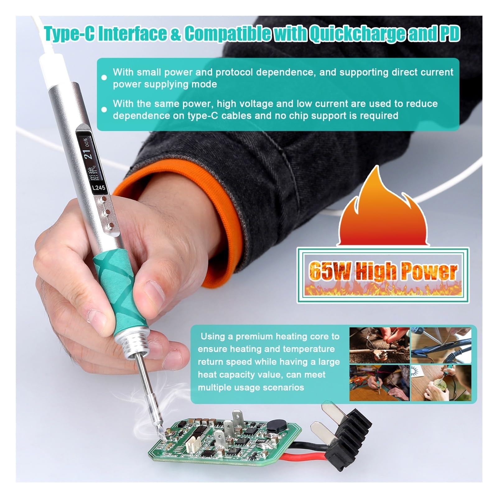 Deski rozdzielcze, oprawki lamp spawarka, Sprzęt spawalniczy, inteligentna lutownica elektryczna, 65W type-c DC + PD podwójne zasilanie regulacja temperatury przenośna stacja lutownicza Łatwy w użyciu
