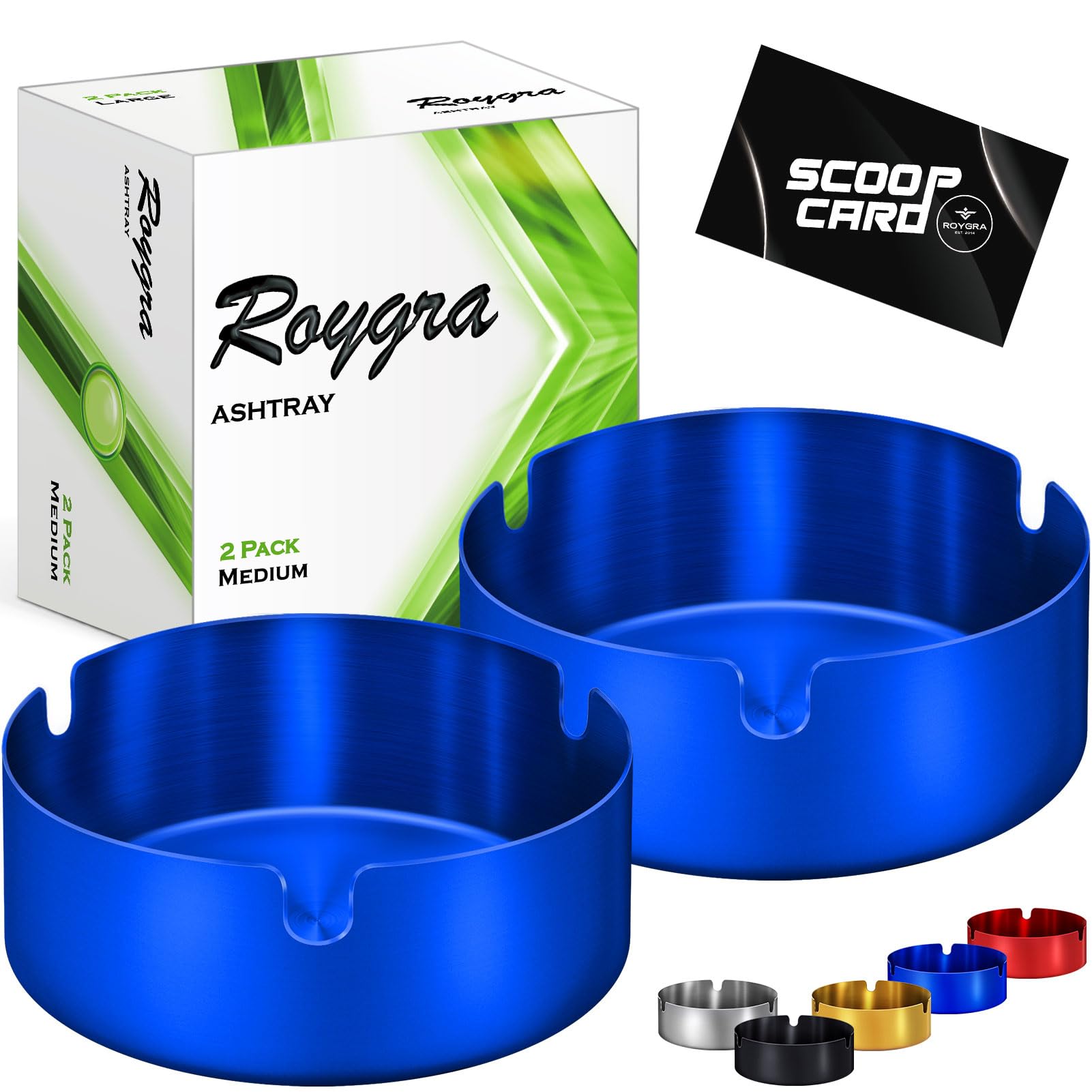roygra Ash Tray (2 Pack), Outdoor Ashtray for Outside Patio, Stainless Steel Ashtrays for Cigarettes with 3 Holder, Smoking Accessories, Home Décor, Ashtrays for Smokers Indoor - Blue, Medium
