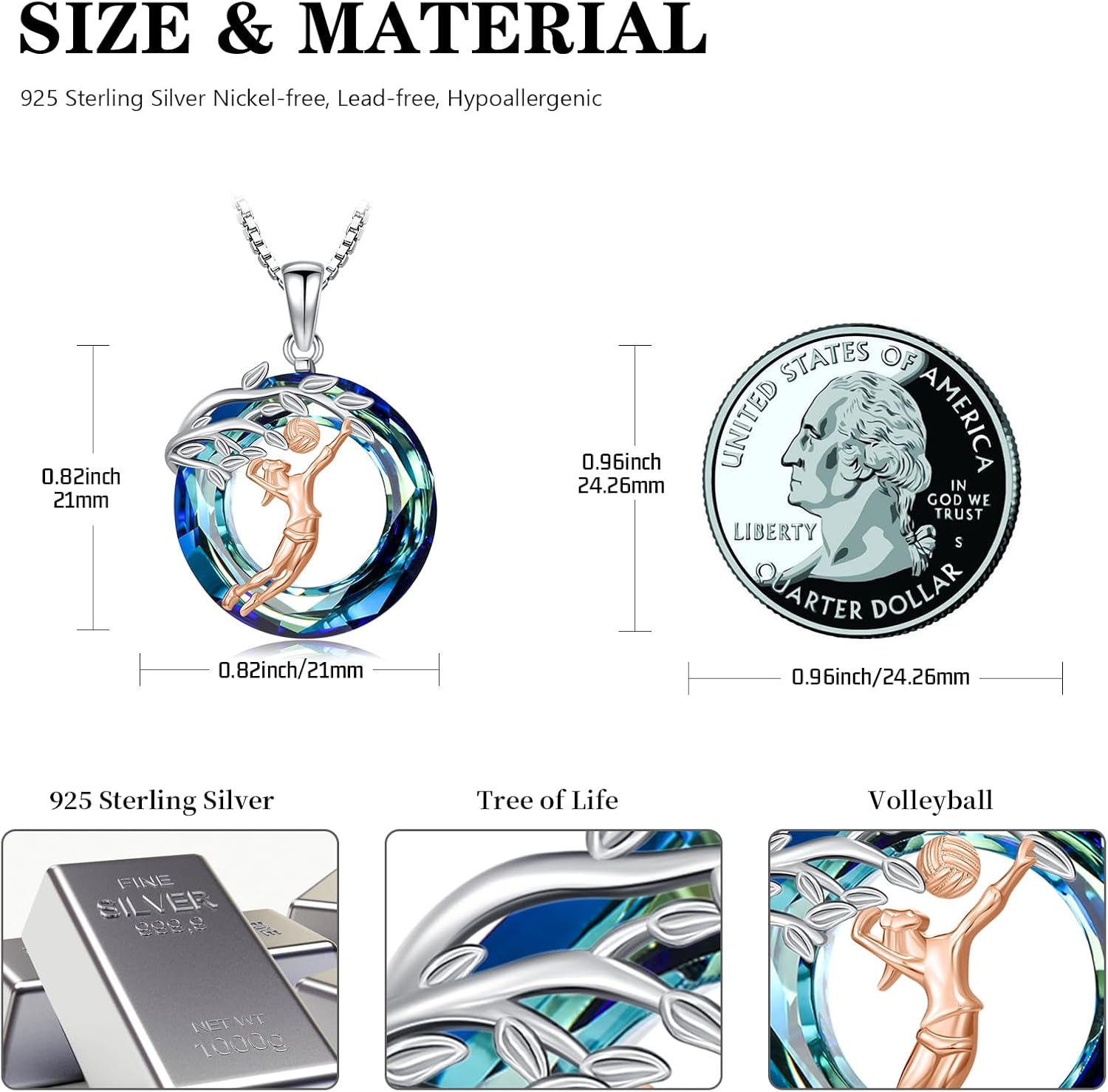 Sport/Music Necklace for Women 925 Sterling Silver Crystal Pendant Tree of Life Jewelry Gifts for Sport Players - Image 4